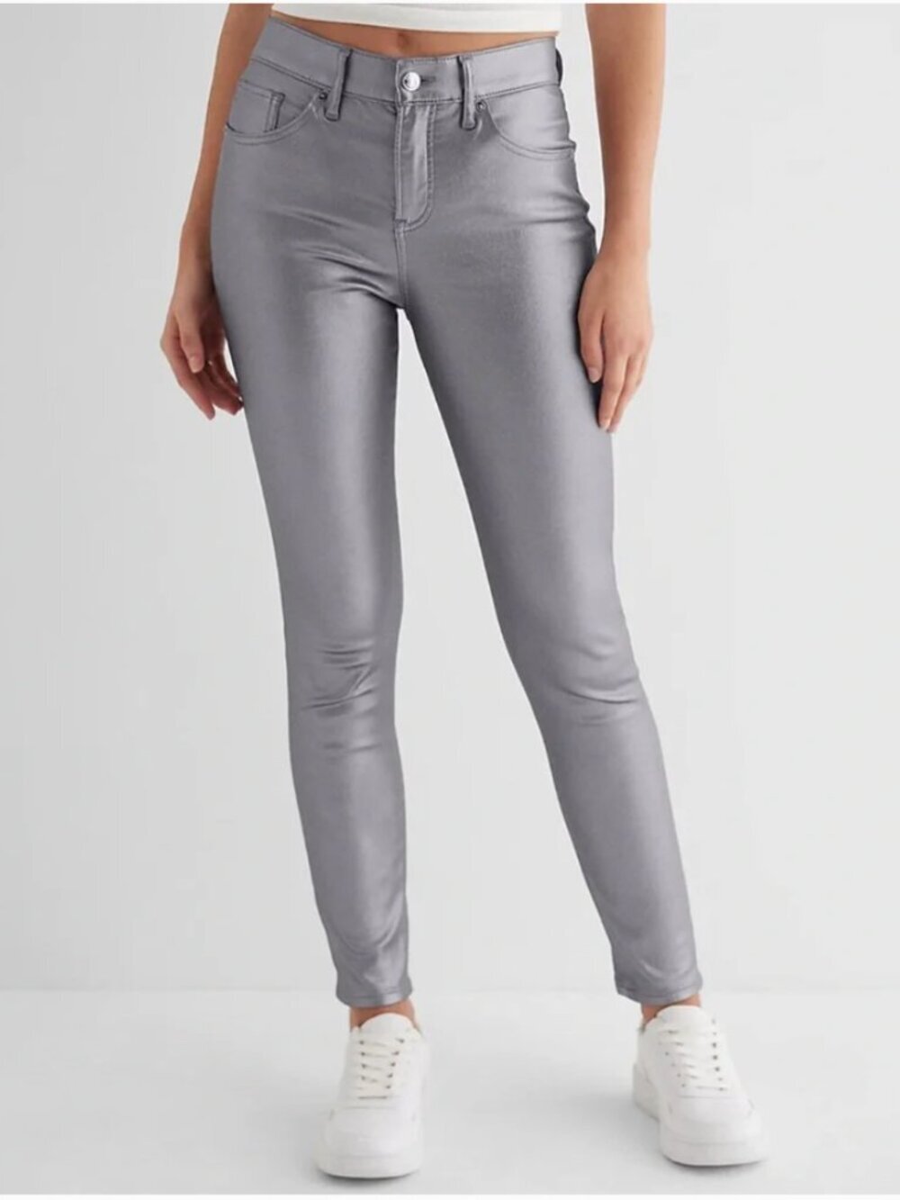 Express Mid Rise Gray Metallic Coated Skinny Jeans Size 14 Regular P101
